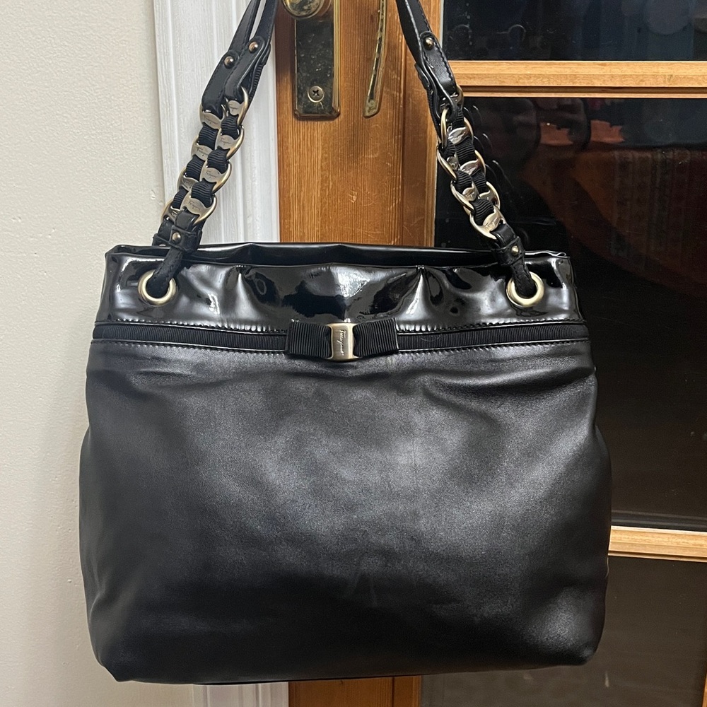 Salvatore Ferragamo Black Patent Soft Leather Shoulder Bag Magnetic Close